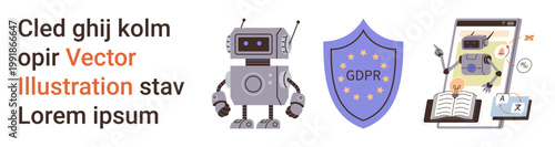 Data protection, user privacy, cybersecurity, digital access, robotic automation, online transparency. Robot, GDPR shield and digital interface with open book. Data protection and user privacy