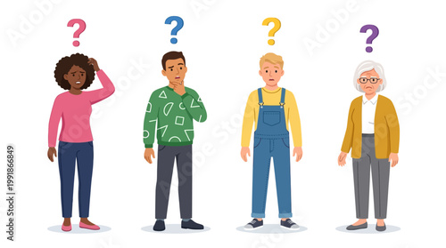 Diverse group of puzzled adults standing together with question marks above their heads, symbolizing uncertainty and the search for answers