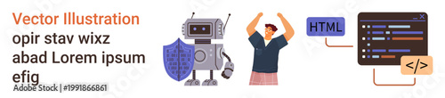 Cybersecurity, coding, technology, software development, data protection, artificial intelligence. Robot with shield, person raising fists and code snippets. Cybersecurity and coding concept