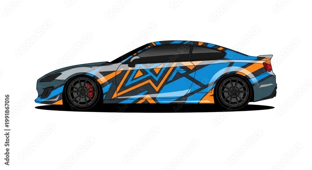 Fototapeta premium Sports car illustration with blue and orange geometric racing wrap