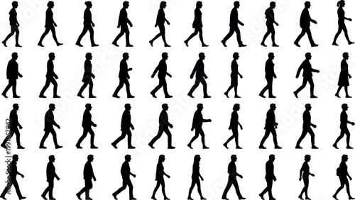 Grid of black walking silhouettes of diverse people in side profile, showing human gait, posture, and pedestrian lifestyle illustration