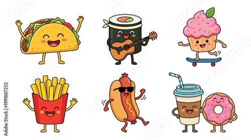 Six cute anthropomorphic food characters: taco, guitar-playing sushi roll, cupcake, French fries, hot dog, and a coffee cup with a donut mascot