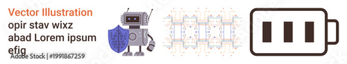 Artificial intelligence, robotics, cybersecurity, energy storage, digital protection, and innovation. Robot holding a shield, a circuit diagram and a battery icon. Cybersecurity and robotics concept