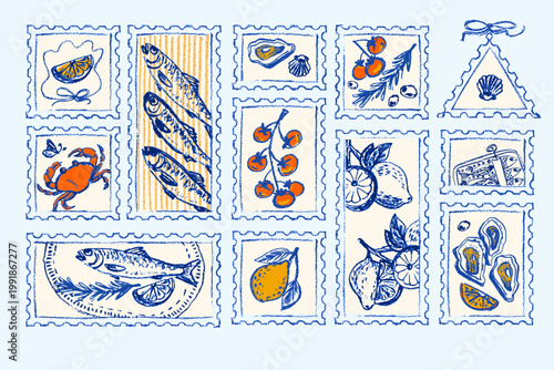 Italian summer postcard design with lemon pattern, vintage postage stamp frame, and Mediterranean seafood illustrations in watercolor crayon style