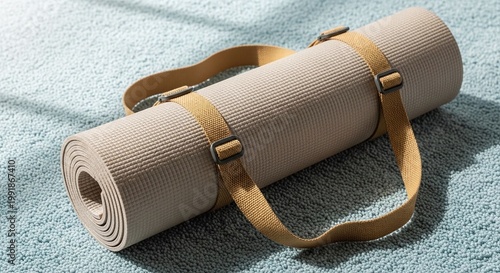 Rolled Yoga Mat with Strap on Light Textured Surface Close-Up