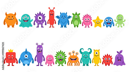 Colorful row of friendly cartoon monsters in bright hues with playful shapes and cheerful smiles