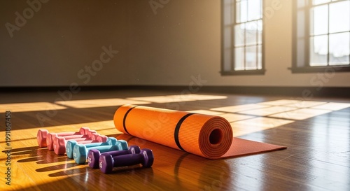 Yoga Mat and Colorful Dumbbells on Wooden Floor in Sunlit Studio