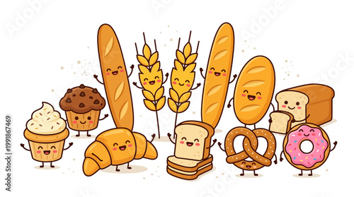 Cartoon bakery assortment featuring baguettes, loaves, croissants, buns, donuts, muffins and pastries
