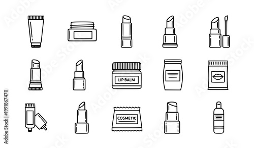 Lip balm cosmetic icons set vector thin line tube container lipstick beauty accessory pictograms isolated white background