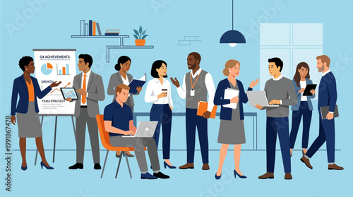 Diverse group of professionals collaborating in a modern office, presenting ideas and planning a project.