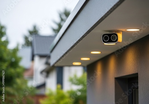 Modern Security Camera Mounted on Residential Building Exterior