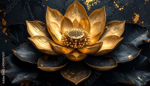 Close-up of a golden lotus flower with dark blue petals, against a textured background with golden splashes