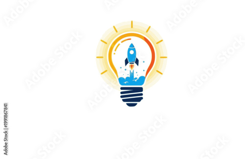 Creative Idea Logo Template. Flat Vector Graphic of Glowing Lightbulb with Rocket for Innovation and Inspiration.