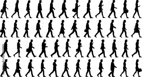 Grid of diverse walking silhouettes arranged in rows, featuring human gait, posture, clothing accessories, and pedestrian lifestyle illustration reference