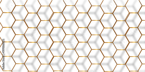 Abstract white background with gold hexagons seamless pattern and geometric in vector design. Futuristic blue neon honeycombs. Modern technology design .Minimal style website banner, decoration .