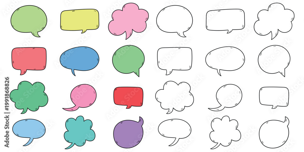 Fototapeta premium Hand-drawn cartoon and doodle set of speech bubbles on a white background.