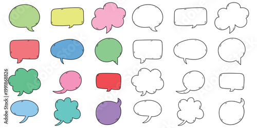 Hand-drawn cartoon and doodle set of speech bubbles on a white background.