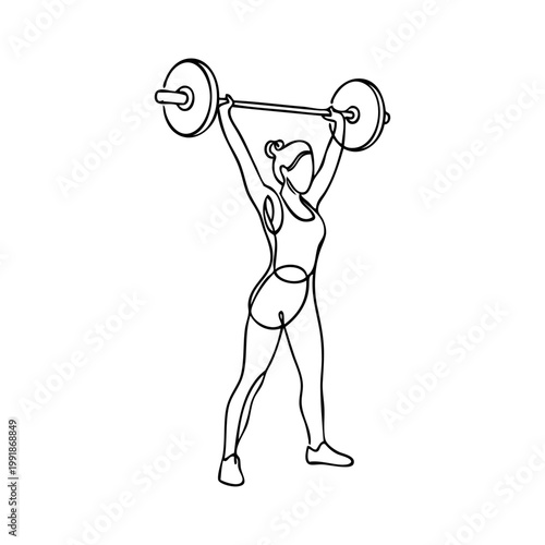 Logo gimnasio. Dibujo minimalista con una única línea de una mujer levantando una barra de pesas