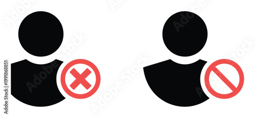 Blocked user signs, block profile icon set representing restricted access, banned account, and user limitation symbols, vector illustration