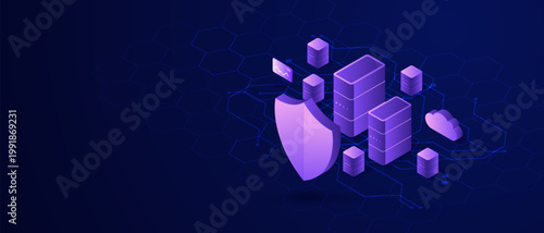 Isometric Cybersecurity Shield Server Cloud Technology Background