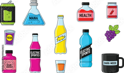Gaming RPG Potion and Fitness Performance Icon Set Featuring Mana Flask Health Elixir Electric Sports Drink Brain Booster and Dark Mode Coffee
