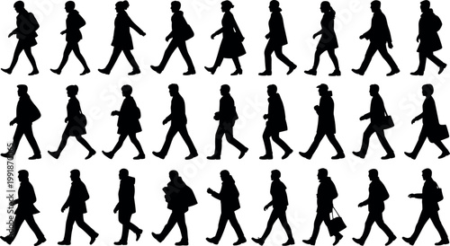 Series of twenty‑four diverse walking silhouettes arranged in rows, illustrating human gait, posture, clothing accessories, and pedestrian lifestyle reference