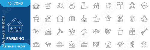 Farming Icon Set. Containing Farm, Farmer, Agriculture, Cow, Pig, Lamb, Chicken, Bee, Windmill, Wheat, Corn, Harvesting and More. Editable Stroke. Vector Illustration
