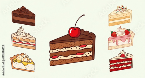 Assortment of Delicious Cake Slices with Cherry and Berries.