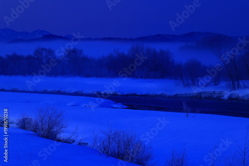 朝陽に染まる樹氷と川霧