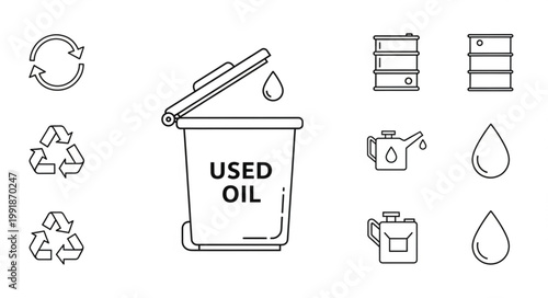 Recycling symbols and used oil disposal icons.
