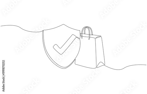 Continuous one line of shopping bag and shield with checkmark, secure and trustworthy shopping concept, single line art