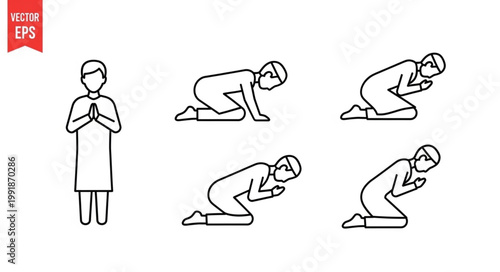 Man Praying In Different Poses Line Art Illustration.