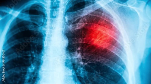 Medical chest x-ray image showing human lung infection, suitable for healthcare education, diagnostic research, clinical study, hospital presentation.