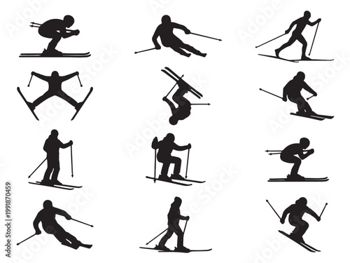 Flat Solid Black Silhouette Icon Set of 12 Skiing and Skier Action Poses