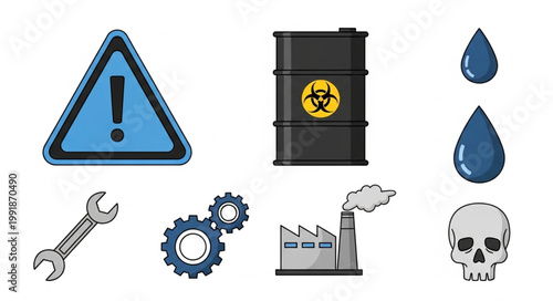 Industrial hazard symbols and equipment illustration.