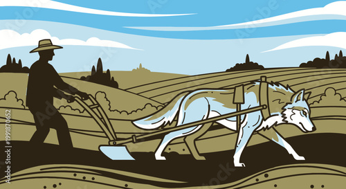 Man plowing field with wolf concept vector illustration isolated artwork