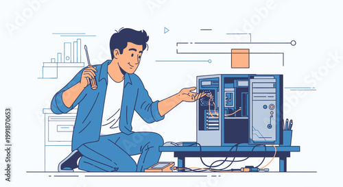 Man repairing computer with screwdriver and tools technology concept illustration
