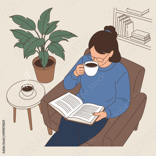 Woman enjoying a moment reading and drinking coffee in a cozy setting