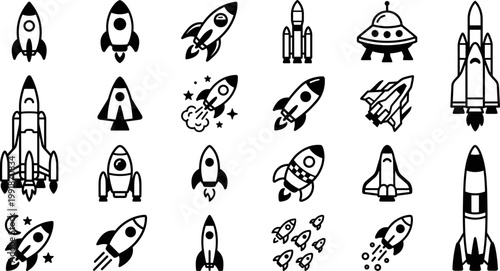 space rocket and spacecraft silhouette icons set with shuttle launch vehicle booster satellite and space exploration symbols isolated on transparent background