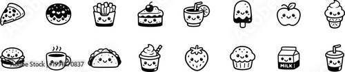 cute food and drink line icons set with burger pizza fries donut cupcake coffee ice cream milk apple and dessert snacks isolated on transparent background