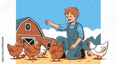 Young farmer feeding chickens in front of a barn illustration