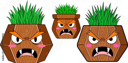 Cartoon monster plant pots with angry faces, wooden texture garden planters with green grass, set of 3 character flower pots for gaming icons