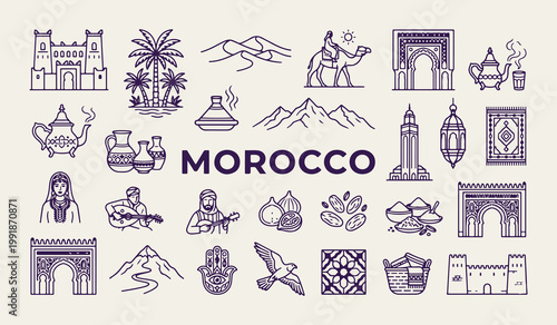 Morocco travel landmarks and desert icons, Moroccan cultural heritage vector illustrations, Morocco traditional food and lamp graphics, Africa tourism vacation design elements, Morocco country line ar