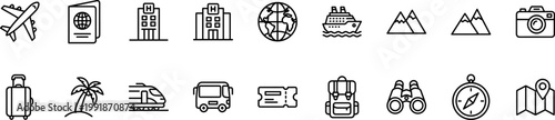 travel and tourism line icons set with airplane passport luggage hotel globe cruise ship mountains camera train bus ticket backpack compass and map symbols isolated on transparent background