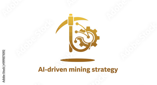 Golden AI-Driven Mining Strategy Logo with Pickaxe and Gear.