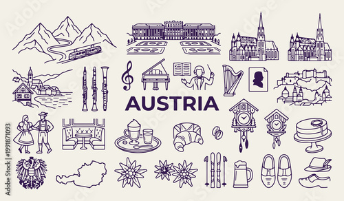 Photos Austria travel landmarks and music icons, Austrian cultural heritage vector illu