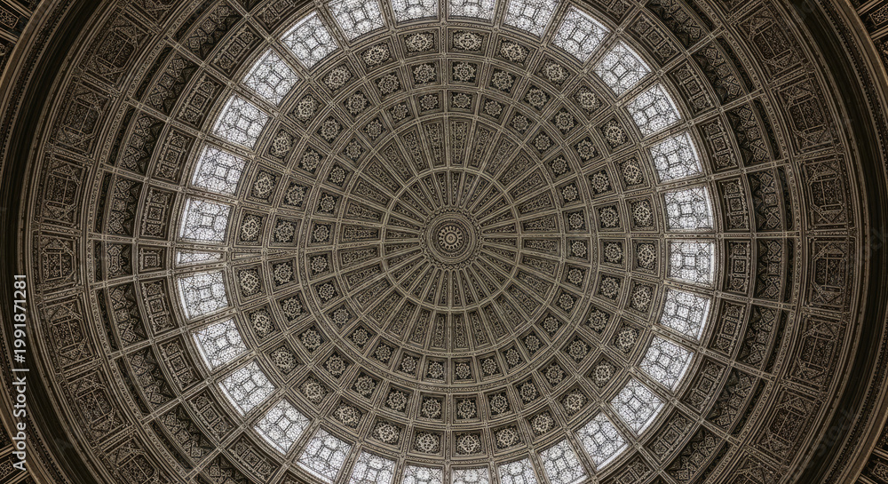 Obraz premium Intricate domed ceiling with detailed geometric patterns and window openings.