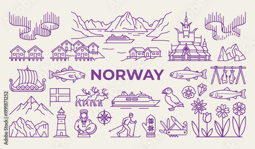 Norway travel landmarks and fjord icons, Norwegian cultural heritage vector illustrations, Norway viking and nature graphics, Scandinavia tourism vacation design elements, Norway country line art symb