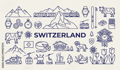 Switzerland travel landmarks and mountain icons, Swiss cultural heritage vector illustrations, Switzerland chocolate and cheese graphics, Europe tourism vacation design elements, Swiss alps and watch 