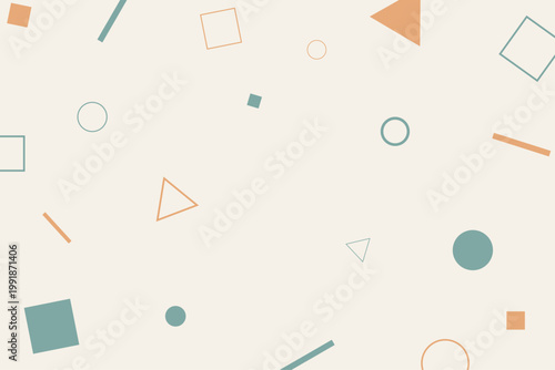 くすみオレンジとブルーグリーンの幾何学モチーフが散りばめられた抽象背景イラスト